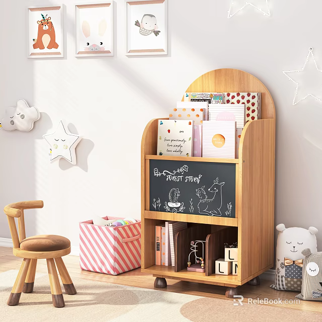 Kids Wooden Bookshelf With Chalkboard Panel Books Toys Storage Box Star Decor And Wall Art 3d model 