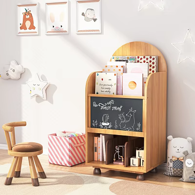 Kids Wooden Bookshelf With Chalkboard Panel Books Toys Storage Box Star Decor And Wall Art 3d model