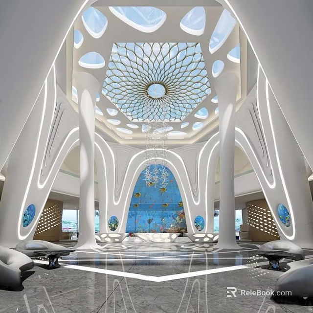 Modern Hotel Lobby Interior With White Curved Architecture Glass Dome Ceiling And Aquarium Backdrop 3d model 