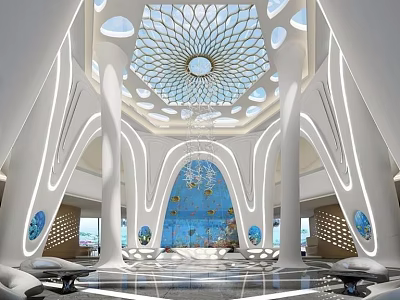 Modern Hotel Lobby Interior With White Curved Architecture Glass Dome Ceiling And Aquarium Backdrop 3d model