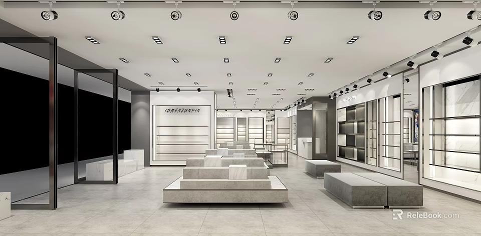 Modern Open Spacious Bright Store With White Display Shelves And Sofas 3d model 