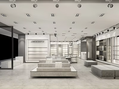Modern Open Spacious Bright Store With White Display Shelves And Sofas 3d model
