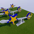 Outdoor Playground Seesaw With Star And Moon Shaped Blue Yellow Design On Grass