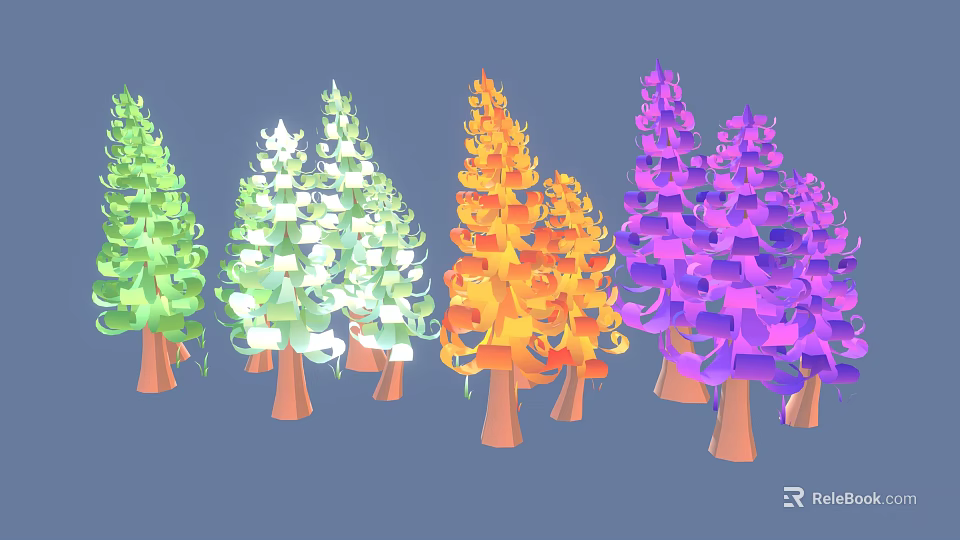 Vibrant Colorful Trees in Green White Orange Purple with Brown Trunks in Cartoon Style Arrangement 3d model 