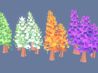 Vibrant Colorful Trees in Green White Orange Purple with Brown Trunks in Cartoon Style Arrangement 3d model