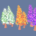 Vibrant Colorful Trees in Green White Orange Purple with Brown Trunks in Cartoon Style Arrangement