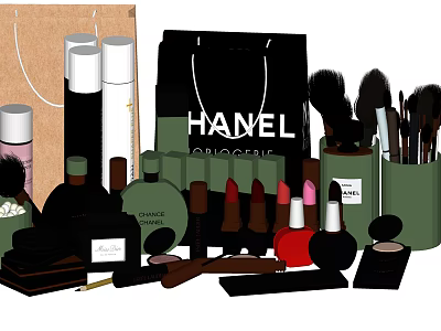 Assorted Perfume and Cosmetics Collection with Lipsticks Makeup Brushes and Bottles 3d model