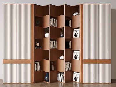Modern Wooden Bookcase with Open Compartments Books Decorative Vases Photo Frames and Striped Side Panels 3d model