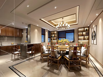 Traditional Chinese Restaurant Interior With Dining Table Chairs Chandelier Bookshelves And Window View 3d model