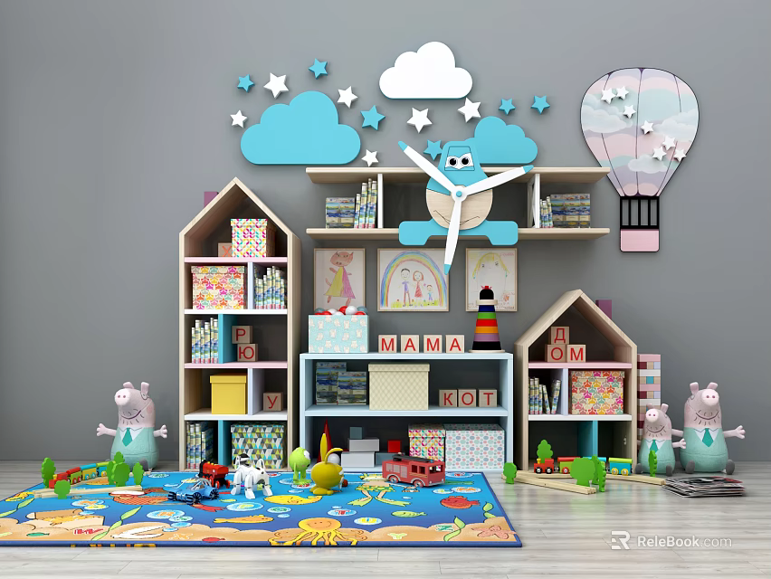 Cute House Shaped Shelving Units For Kids Room With Cloud Star Decorations And Toys Storage 3d model 