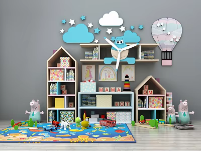Cute House Shaped Shelving Units For Kids Room With Cloud Star Decorations And Toys Storage 3d model