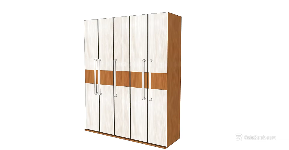 Modern White And Brown Four Door Wardrobe Design With Wooden Panels And Metal Handles 3d model 