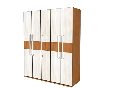 Modern White And Brown Four Door Wardrobe Design With Wooden Panels And Metal Handles 3d model