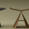 Modern Stools With Wooden And Black Design Featuring Curved Seats And Unique Base Structure