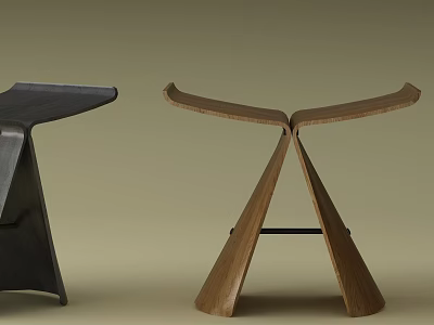 Modern Stools With Wooden And Black Design Featuring Curved Seats And Unique Base Structure 3d model