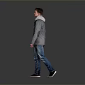 Gray Hooded Jacket And Blue Jeans On Man Walking Against Gray Background