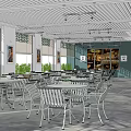 Spacious Restaurant Interior With Grid Ceiling Tables Chairs Windows And Green Plants 3d model