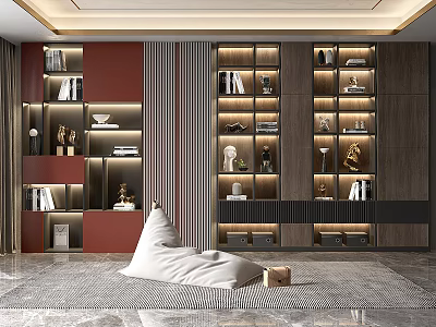 Modern Living Room Bookcase With Red And Dark Wood Built-in Lighting Books And Decorative Sculptures 3d model