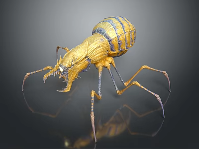 Detailed Yellow Striped Ant With Long Thin Legs And Reflection On Black Background 3d model