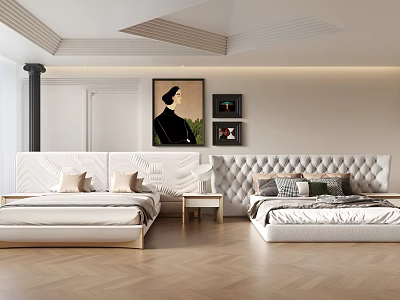Two Modern Double Beds With Upholstered Headboards And Neutral Bedding On Herringbone Wooden Floor 3d model