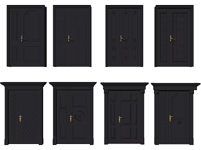 Black Parent Child Doors Featuring Eight Different Designs With Various Panels And Handles 3d model
