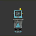 Turquoise Robot Character With Metallic Body Control Panel Antenna And Yellow Button Details
