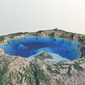 Beautiful Garden Landscape With Blue Lake And Rocky Edges Surrounded By Lush Vegetation