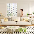 Modern double sofa cream sofa coffee table combination 3d model
