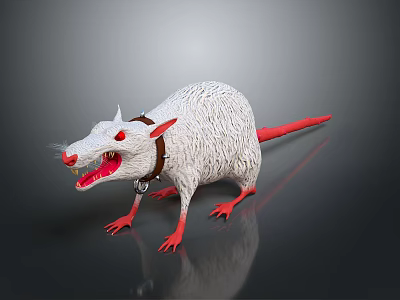 Fierce Animated White Rat Character With Red Eyes Claws Tail And Collar 3d model