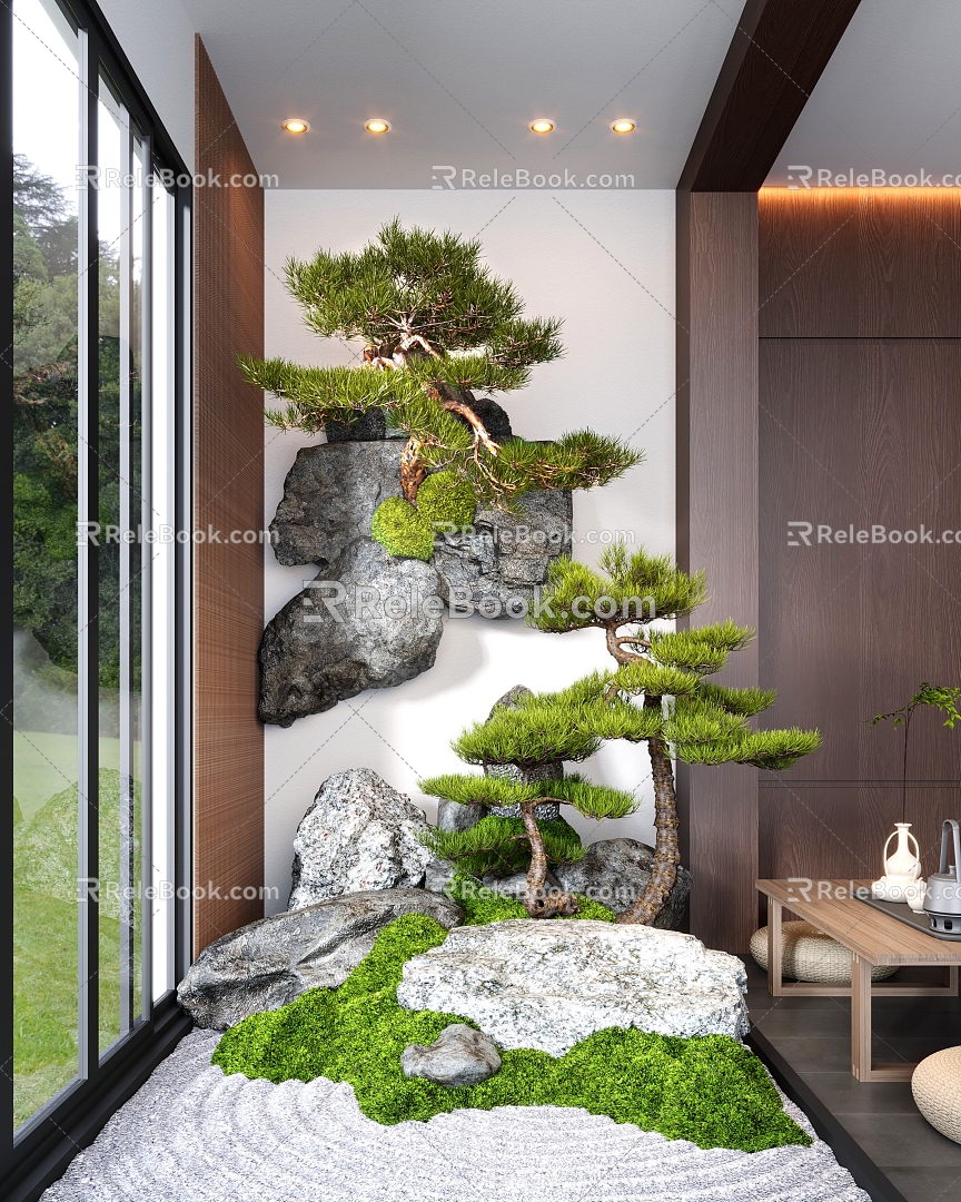 Indoor Landscaping Moss Welcome Pine Pohan Pine Landscape Stone Dry Landscape 3d model