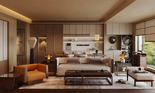 New Chinese Zen Home Living Room New Chinese Song Style Living Room Solid Wood Sofa Coffee Table Combination Solid Wood Sideboard Storage Cabinet Solid Wood Leisure Chair Single Chair Living Room Without Main Lamp 3d model