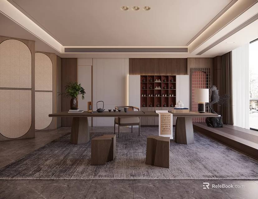 Tea Room Interior Design With Long Table Wooden Stools Bookshelf Vase And Large Window 3d model 