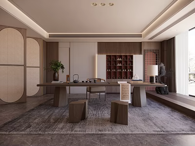 Tea Room Interior Design With Long Table Wooden Stools Bookshelf Vase And Large Window 3d model