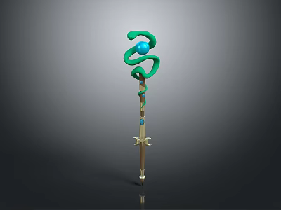 Enchanted Magic Staff With Green Coiled Top Blue Gemstone And Golden Accents 3d model