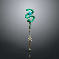 Enchanted Magic Staff With Green Coiled Top Blue Gemstone And Golden Accents