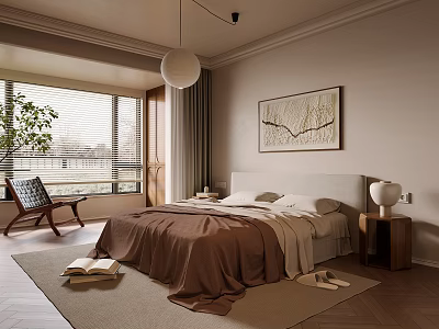 Cozy Modern Bedroom Interior Design With Brown Bedding Painting Lamp Chair And Carpet 3d model