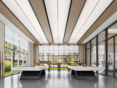 Modern Billiard Room Interior With Pool Tables And Large Windows 3d model