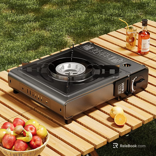 Portable Gas Stove For Outdoor Cooking On Wooden Table With Fresh Fruits And Beverages 3d model 