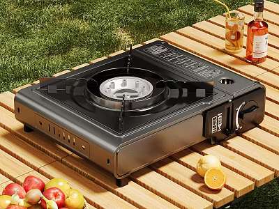 Portable Gas Stove For Outdoor Cooking On Wooden Table With Fresh Fruits And Beverages 3d model