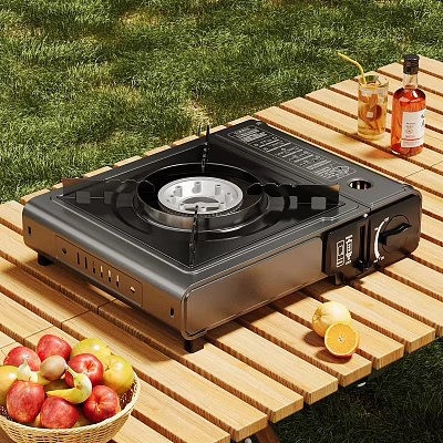 Portable Gas Stove For Outdoor Cooking On Wooden Table With Fresh Fruits And Beverages 3d model