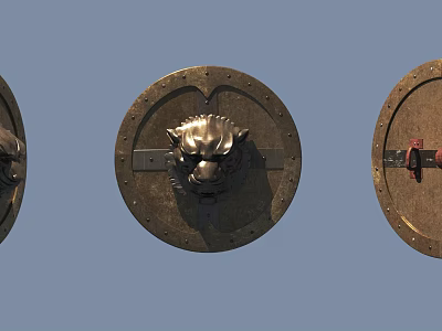 Ancient Decorative Shield with Metal Animal Head and Riveted Round Edges 3d model