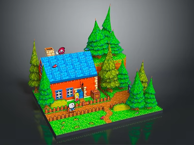 Cartoon Scene With Red House Blue Roof Green Pine Trees And Small Fence 3d model