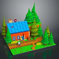 Cartoon Scene With Red House Blue Roof Green Pine Trees And Small Fence