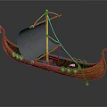 Traditional Wooden Boat With Gray Sail Carved Dragon Head And Red Round Seats