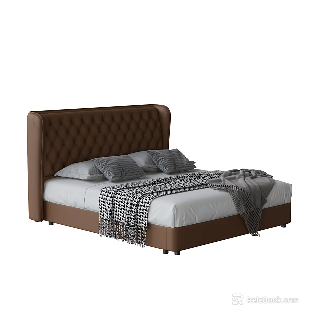 Double Bed With Brown Tufted Headboard Grey Pillows And Checkered Blanket 3d model