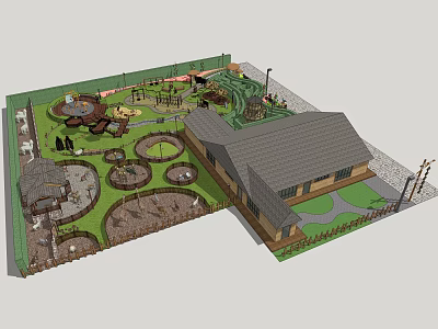 Outdoor Fenced Children Playground With Circular Activity Areas Green Lawn And Building Structure 3d model