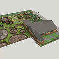 Outdoor Fenced Children Playground With Circular Activity Areas Green Lawn And Building Structure
