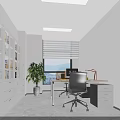 Modern Office Interior With White Glass Cabinets Green Plant Desk Computer And Mountain View