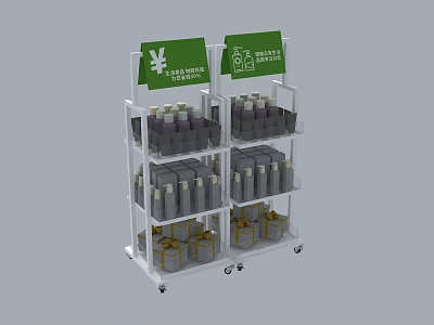 Mobile Multi Tiered Retail Display Shelving Unit With Green Signage Bottled And Boxed Products 3d model
