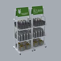 Mobile Multi Tiered Retail Display Shelving Unit With Green Signage Bottled And Boxed Products
